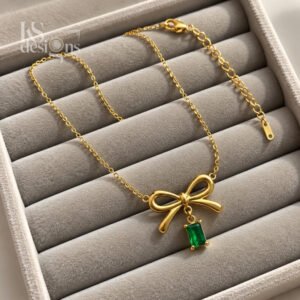 Golden Bow Necklace with Emerald Charm