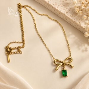 Home Page Golden Bow Necklace with Emerald Charm