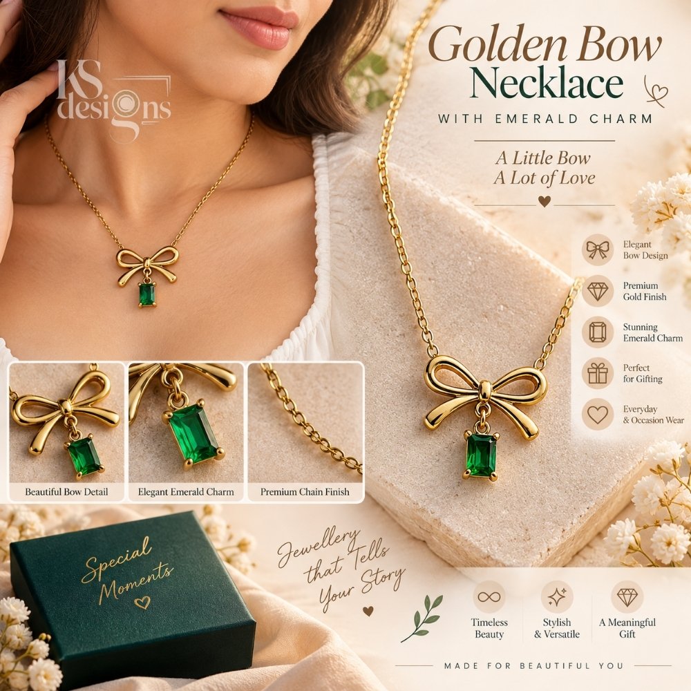 Golden Bow Necklace with Emerald Charm Golden Bow Necklace with Emerald Charm - Image 6